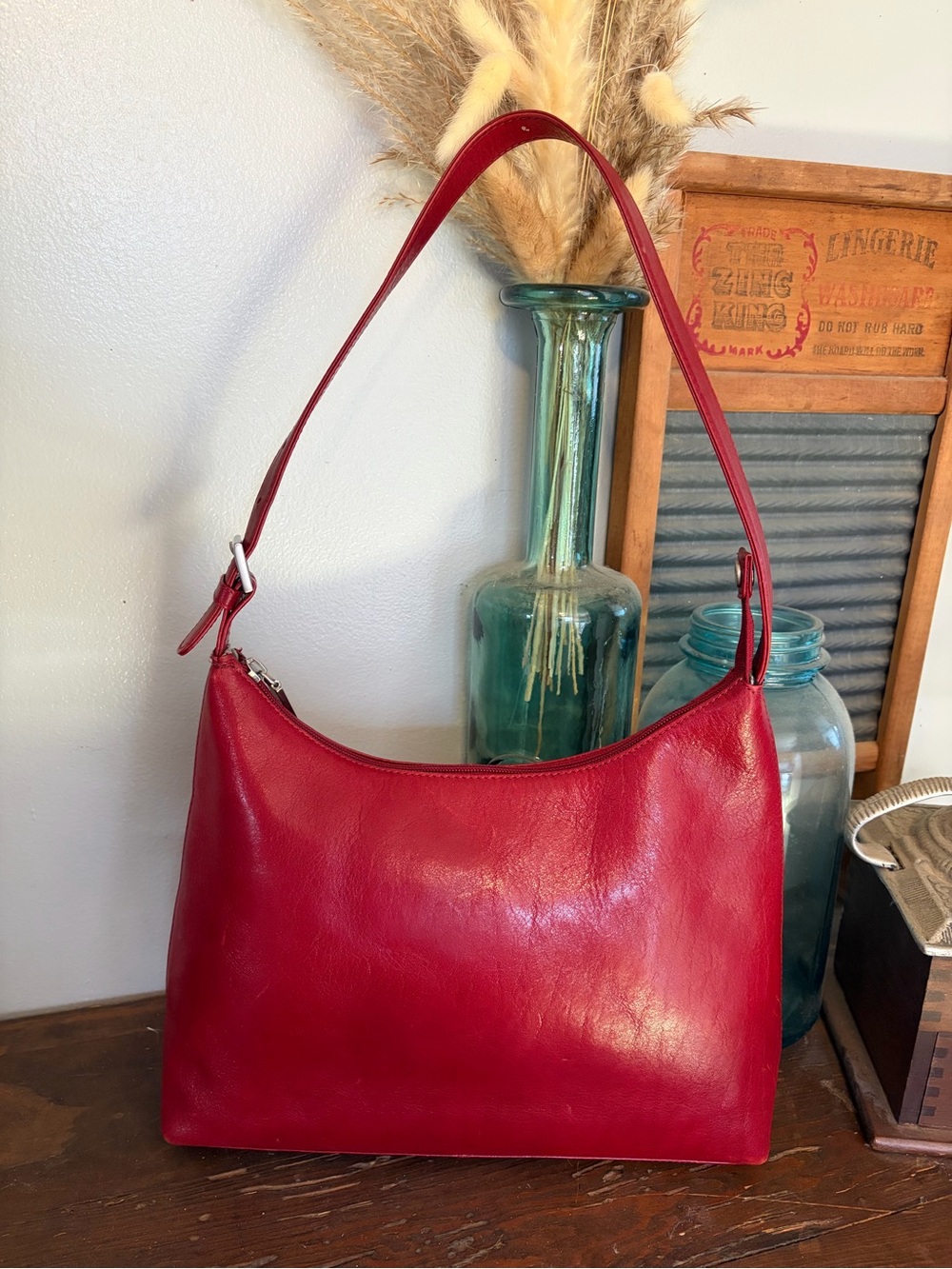 Y2K Hobo International Red Leather Slouch Shoulder Bag